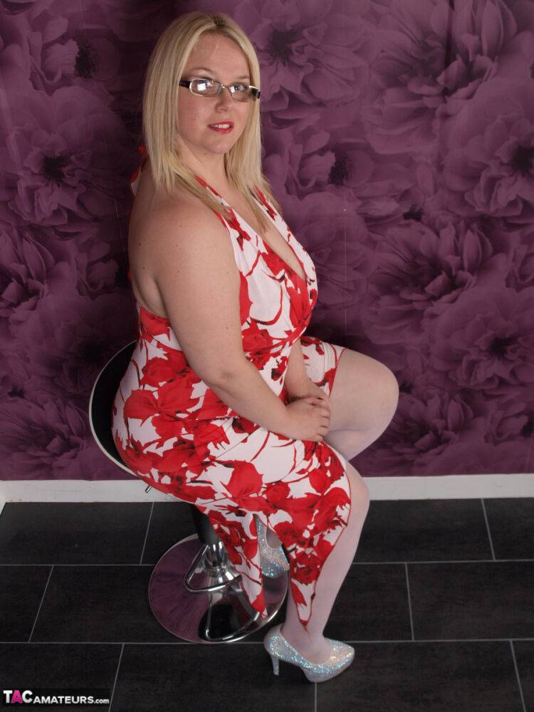 Overweight blonde Sindy Bust ditches her dress to pose nude in white stockings - #15