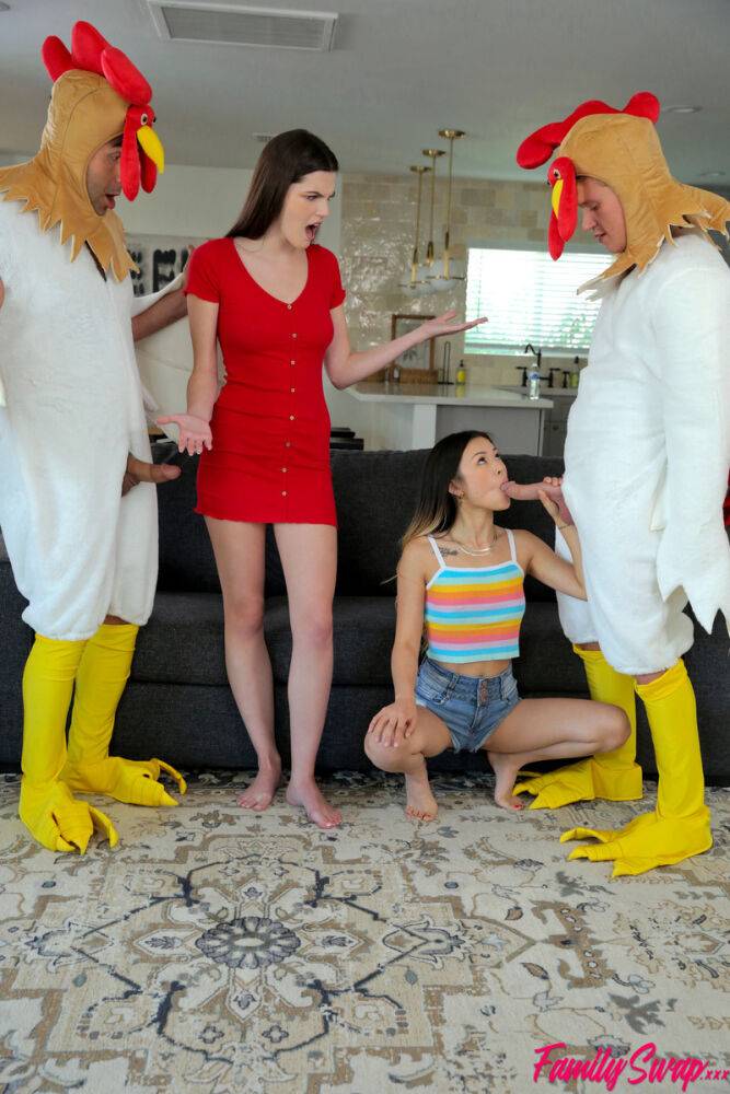 Fiona Frost and Lulu Chu get on top of men wearing chicken costumes - #14