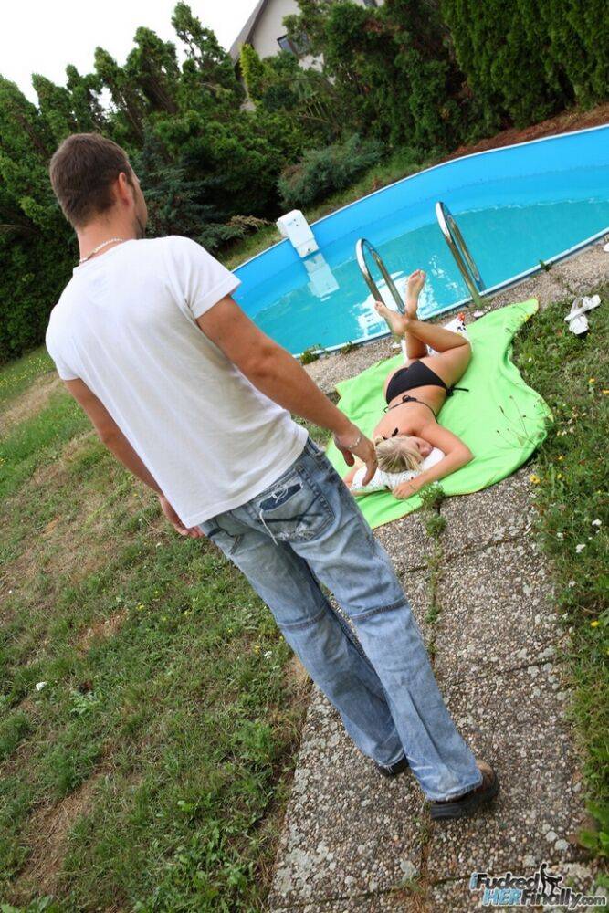 Blonde teen gets cum on her face after fucking next to swimming pool - #7