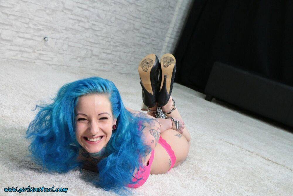 Tatted chick with blue hair is left hogtied in heels and her underwear - #8