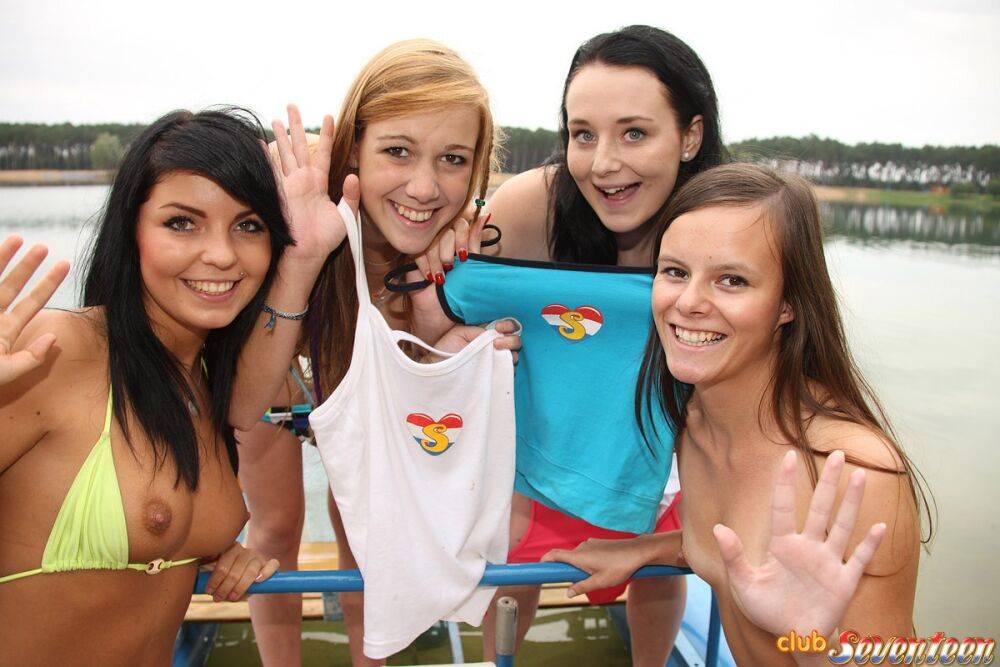 A group of young girls have lesbian sex on a pontoon paddle boat - #14