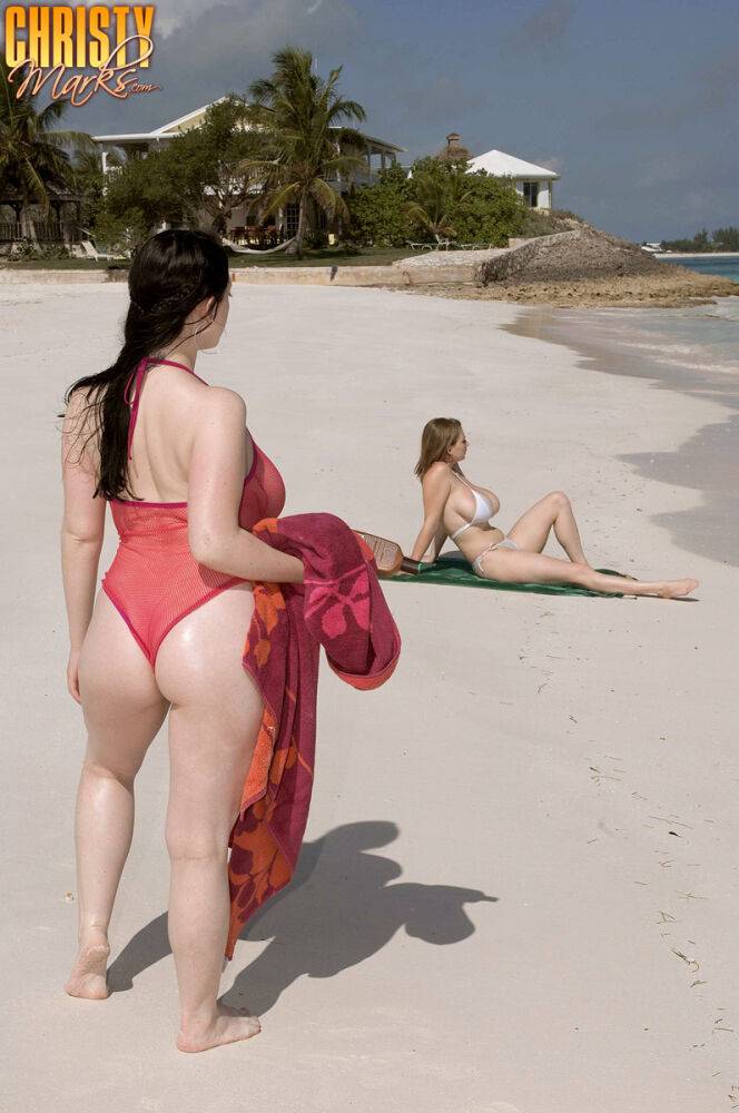 Plump female Christy Mark and her big boobed friend have lesbian sex on beach - #3