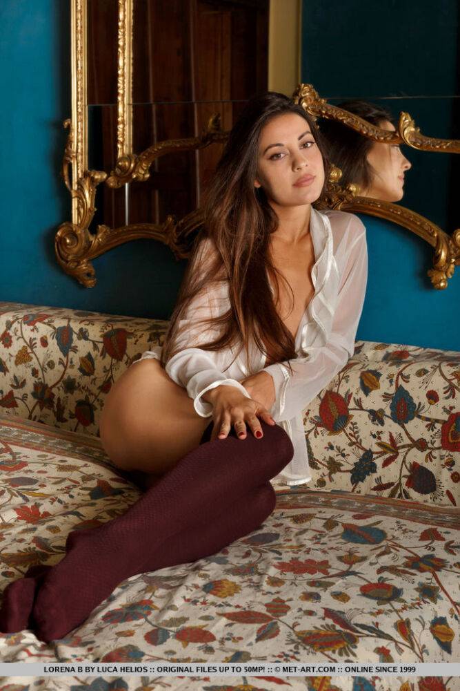 Sweet teen Lorena B removes wine colored OTK socks for totally nude poses - #7