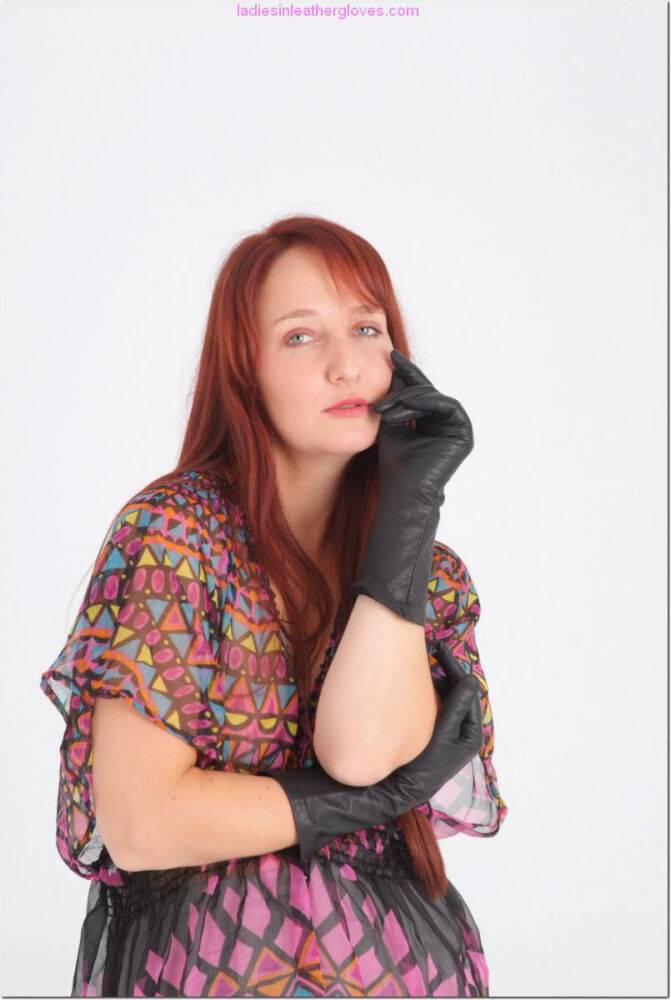 Natural redhead Sammy B model fully clothed in black leather gloves - #4