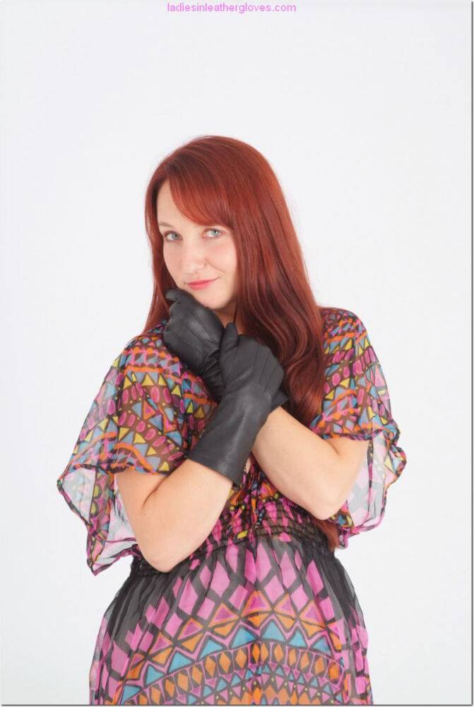 Natural redhead Sammy B model fully clothed in black leather gloves - #9