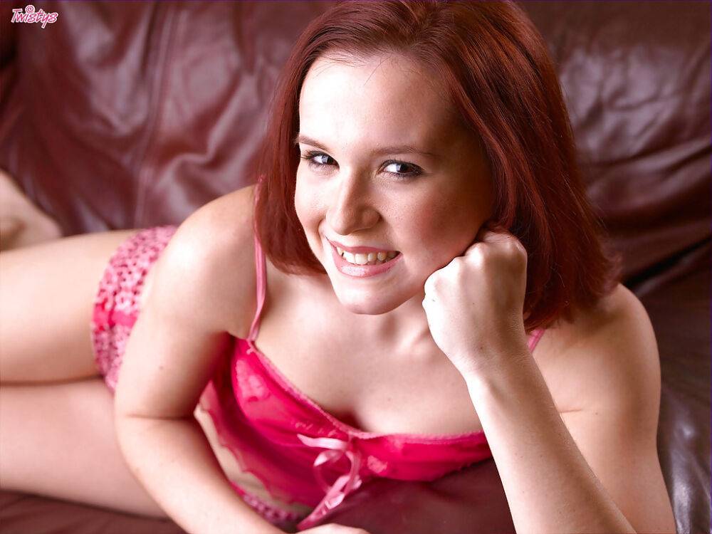 Smiley redhead babe taking off her lingerie and teasing her unshaven gash - #1