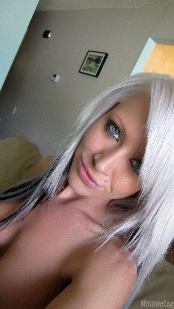 White haired slut Monroe Lee takes a selfie of her big tits and naked twat - #9