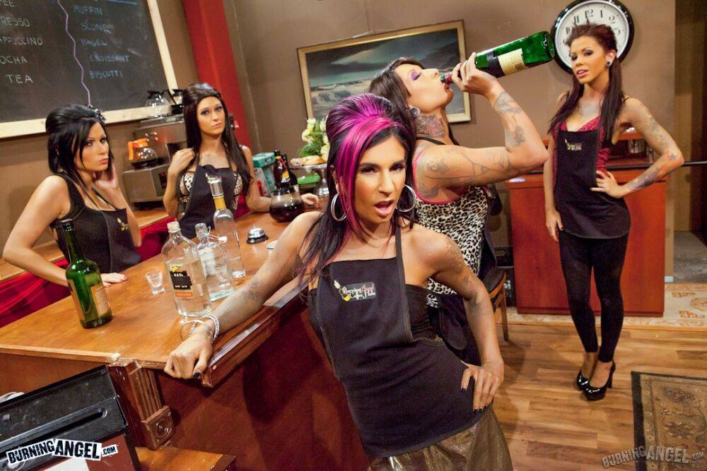 Fully clothed punk girls with lots of tattoos get drunk at a bar - #14