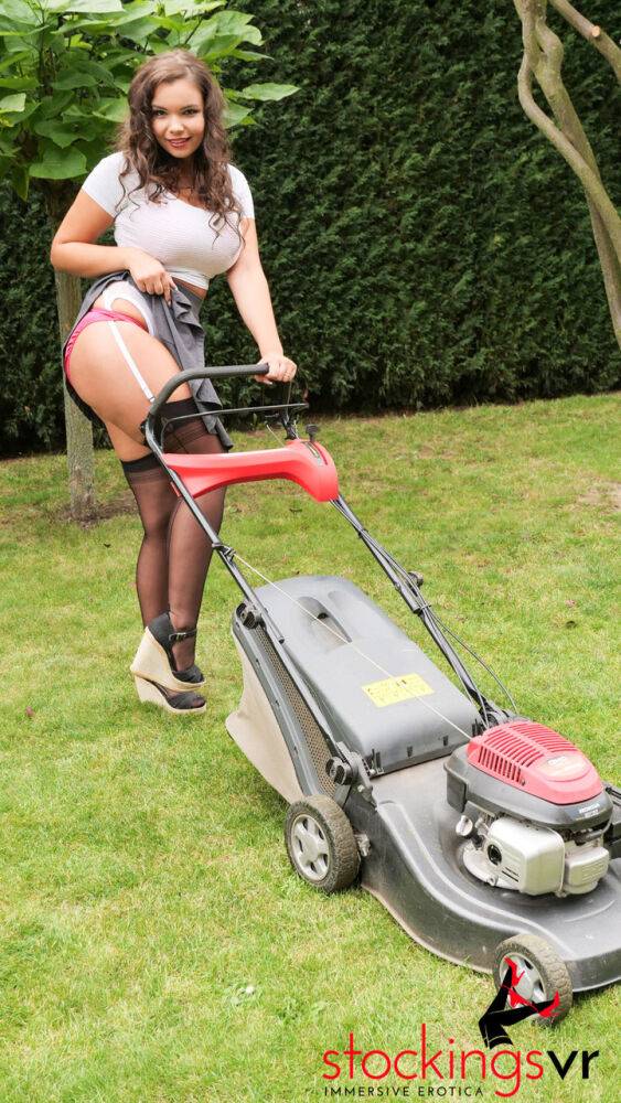 Beautiful teen Sofia Lee mows the lawn in FF nylons before having sex - #9