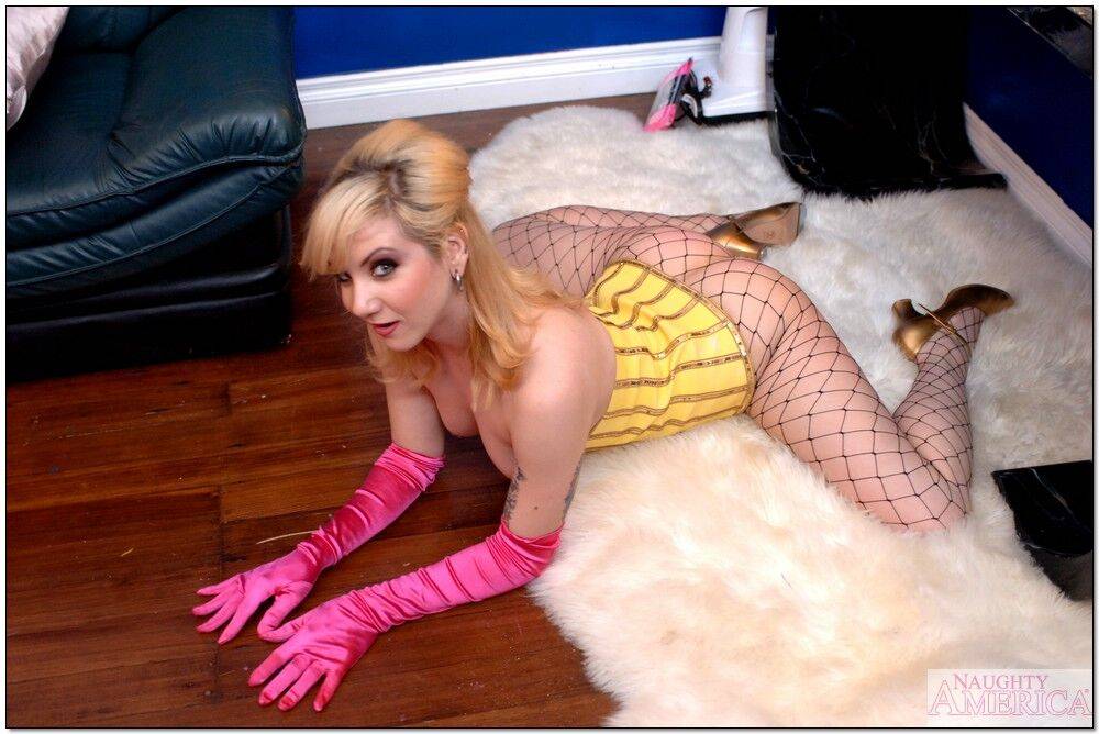 Flexible college girl Karina Kay posing in fishnet pantyhose and corset - #12