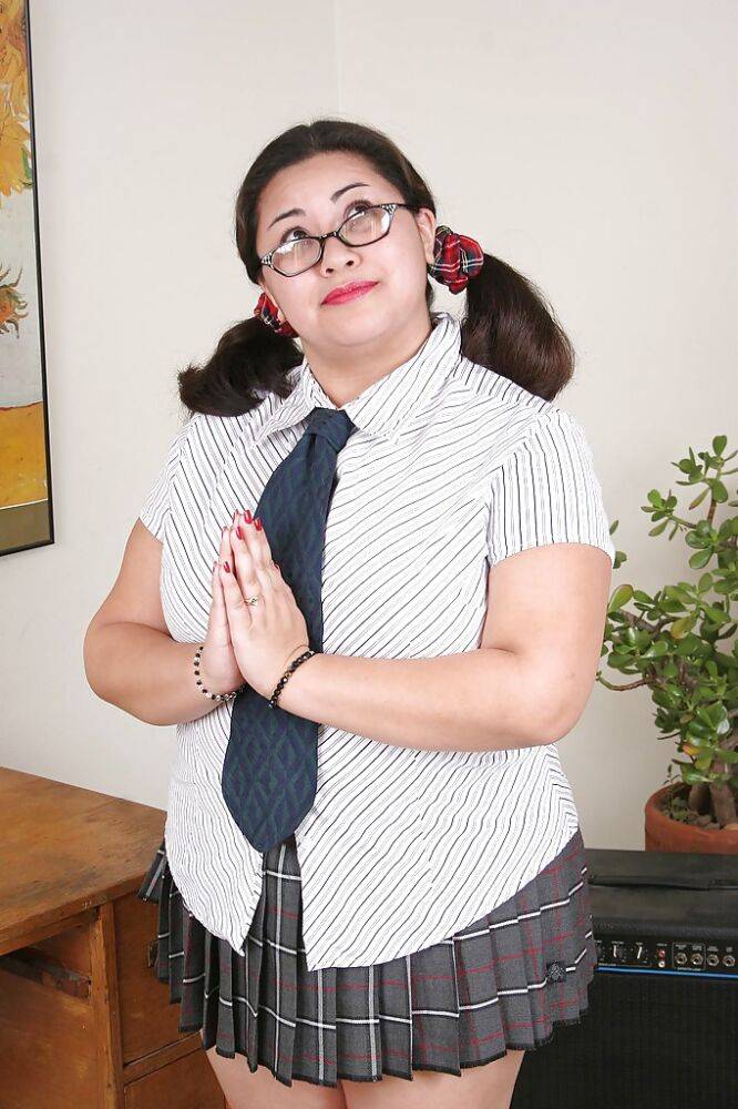 Fatty asian gal in school uniform undressing and teasing her shaved gash - #14