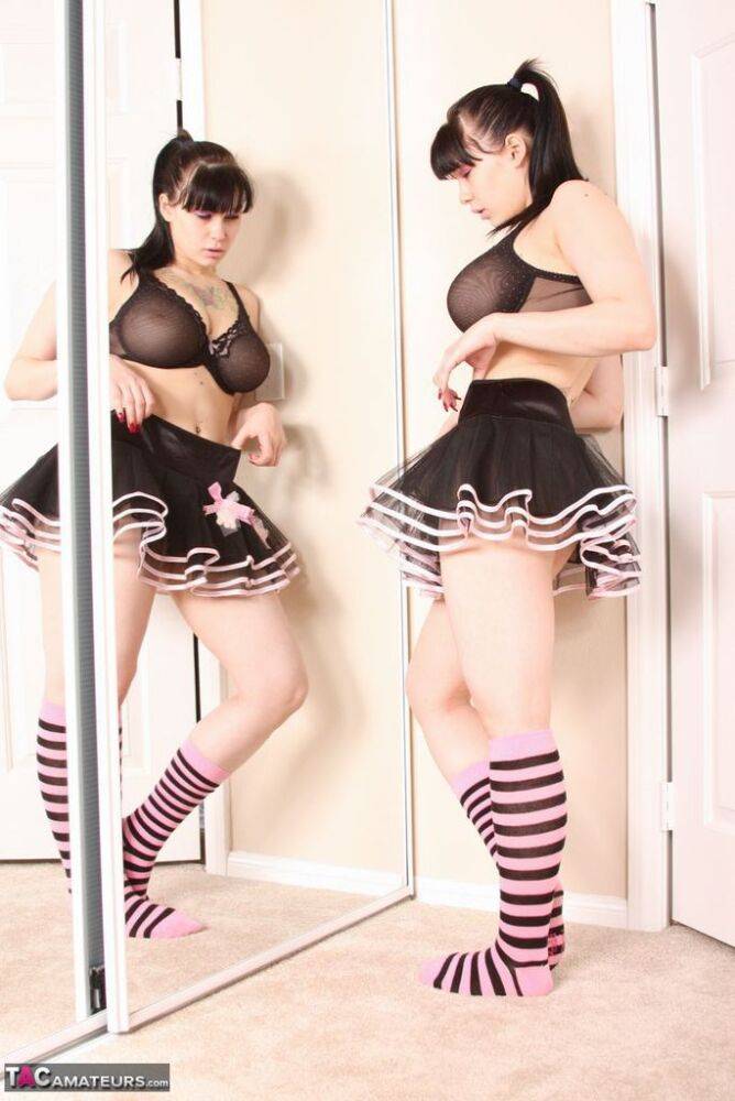 Busty amateur Susy Rocks models non nude afore mirror in skirt and socks - #10