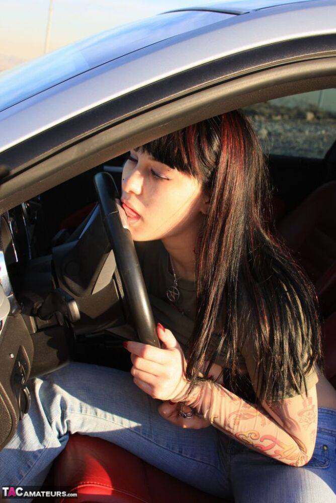 Amateur girl Susy Rocks flips the bird while exposing her big tits in a car - #9