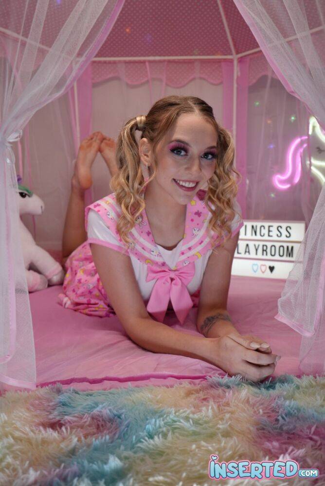 Cute teen Lily Larimar plays with her curly pigtails while getting naked - #6