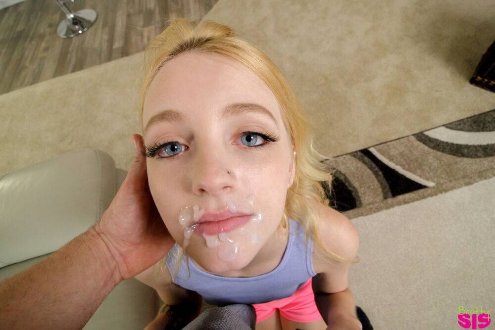 Tiny blonde teen Kate Bloom wears cum on her face and pussy after POV action | Photo: 963781