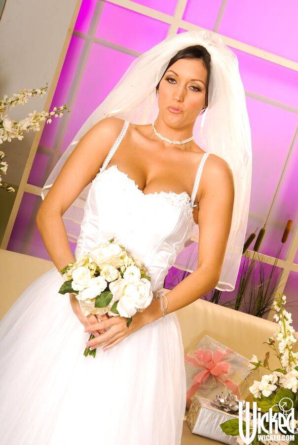 MILF babe Dylan Ryder poses solo in sexy bride's dress and stockings - #13