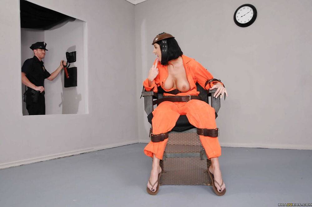 Gorgeous inmate Dylan Ryder strips huge boobs off prison uniform - #1