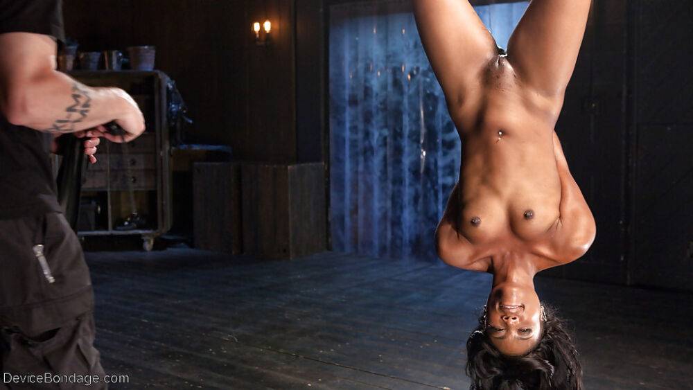 Black fetish model Chanell Heart is hung upside down for cunt flogging - #4