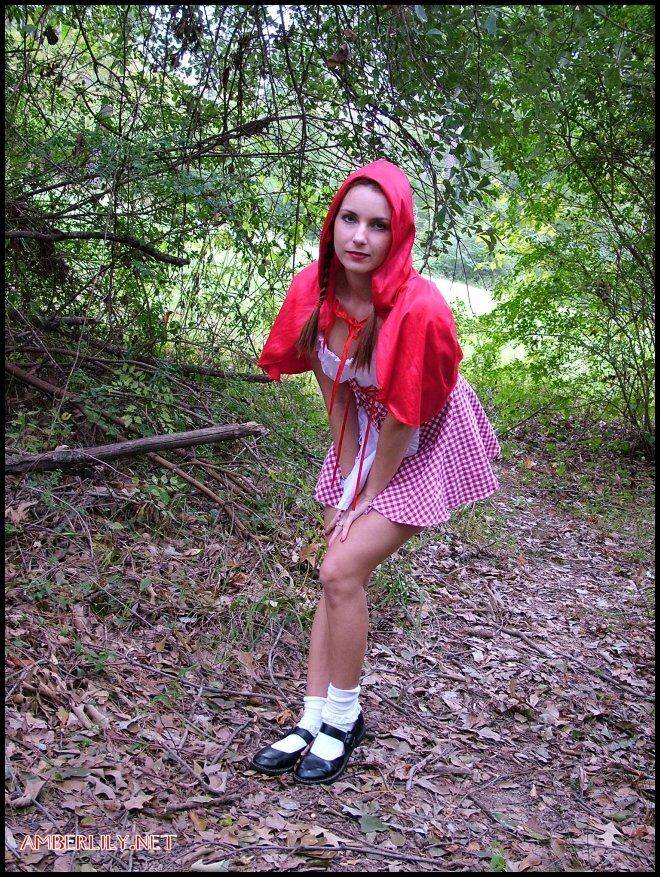 Amateur girl Amber Lily frees tits and twat from Little Red Riding Hood outfit - #13