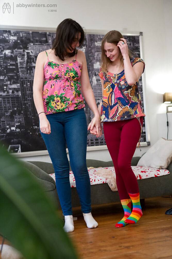 Sock and long sock attired amateurs Amber and Katherine J pulling on jeans - #15