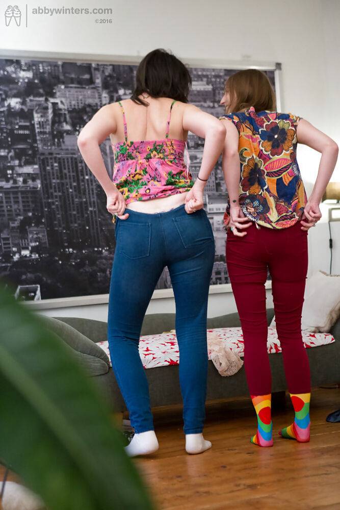 Sock and long sock attired amateurs Amber and Katherine J pulling on jeans - #4