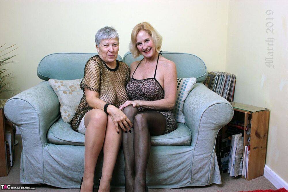 Old women proceed to have lesbian sex on a couch in lingerie and hosiery - #3