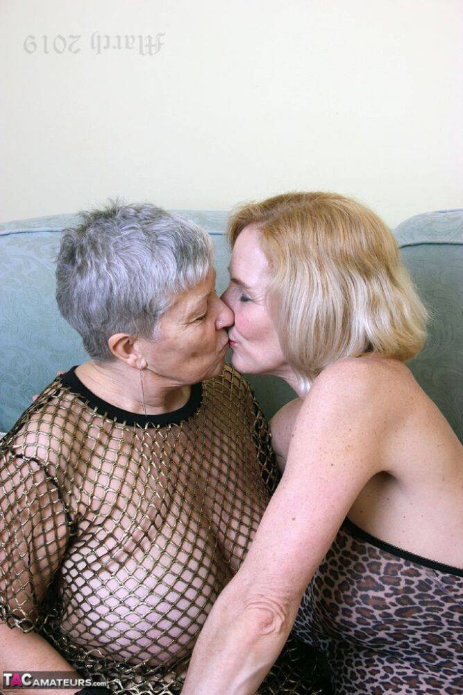 Old women proceed to have lesbian sex on a couch in lingerie and hosiery - #6