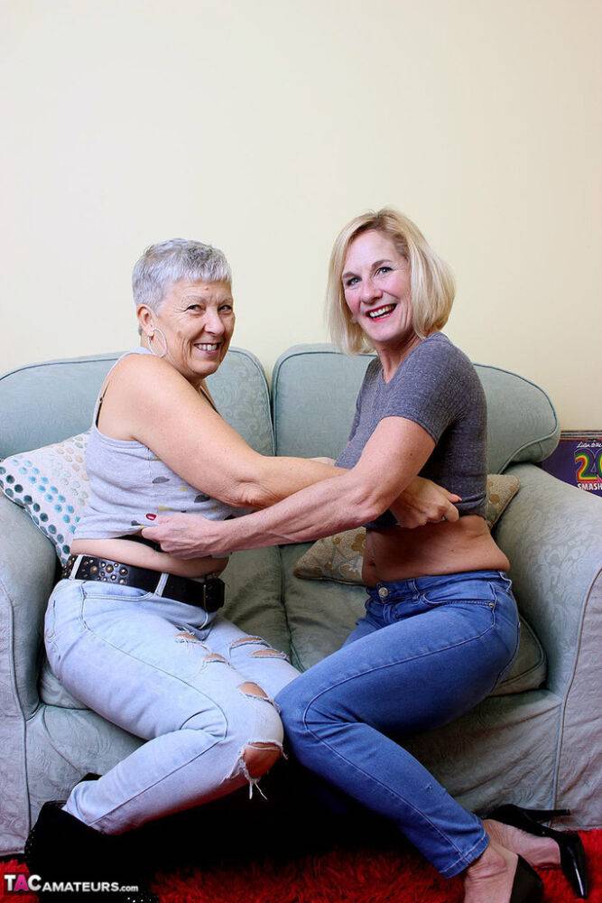 Two old lesbians exposes their big boobs and bare asses together - #15