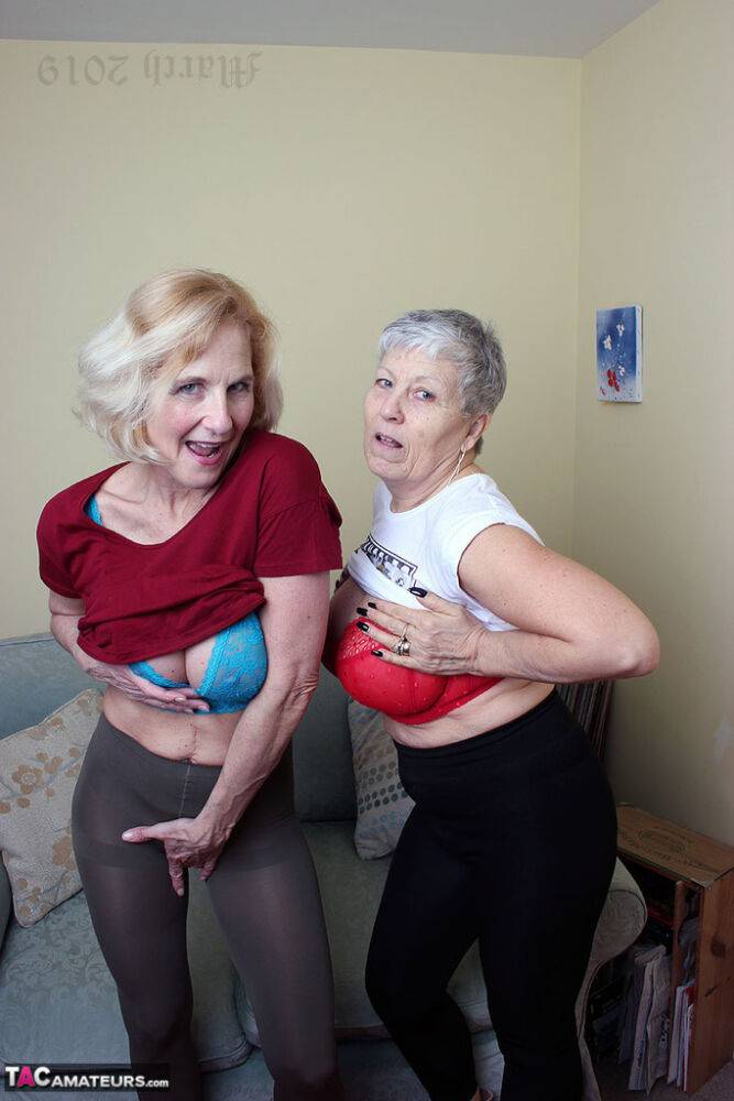 Old lesbians suck on each others boobs after modeling fully clothed - #11