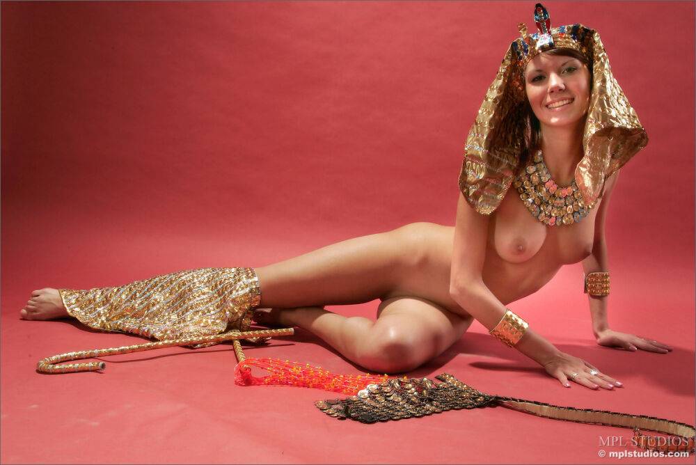 Hot slut in Cleopatra costume spreading her legs for a hot pussy closeup - #1