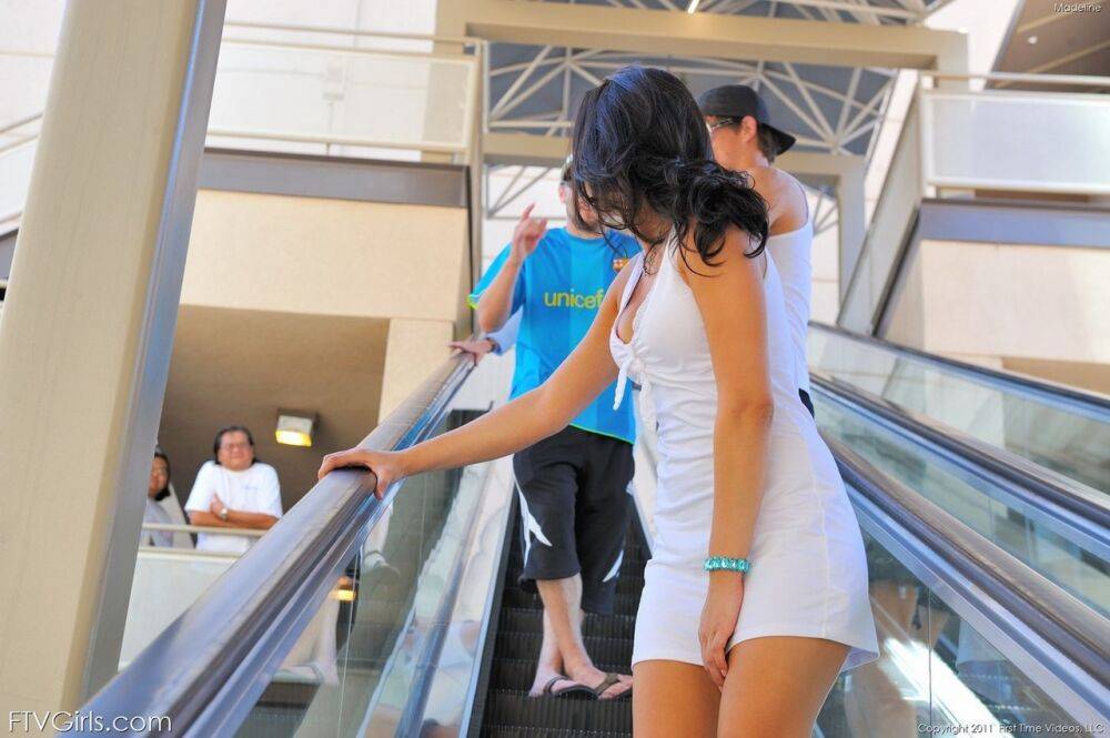 Super slut raises skirt to flash her ass and twat on public escalator - #14