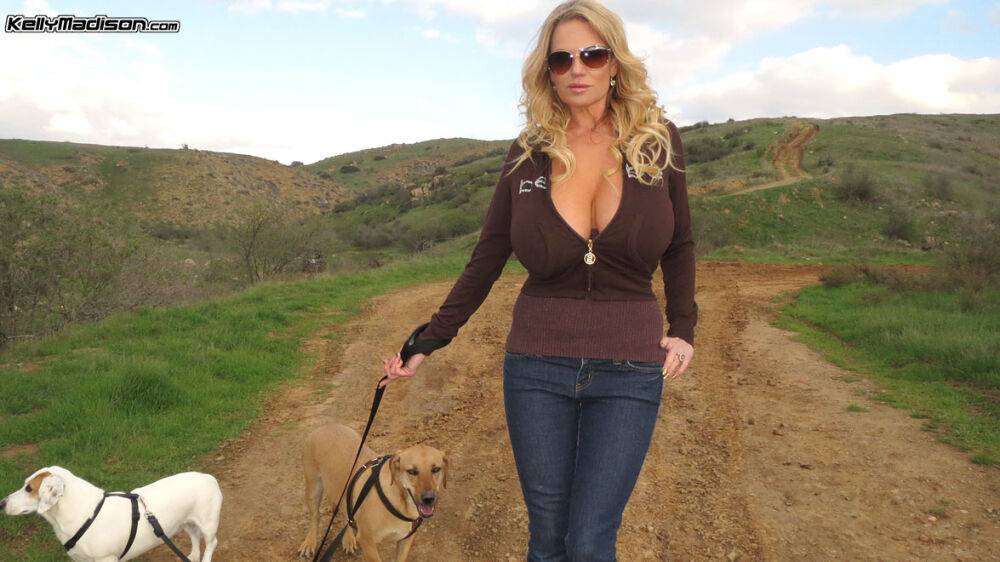 Older slut Kelly Madison releases giant big tits in the wild & drops her jeans - #7