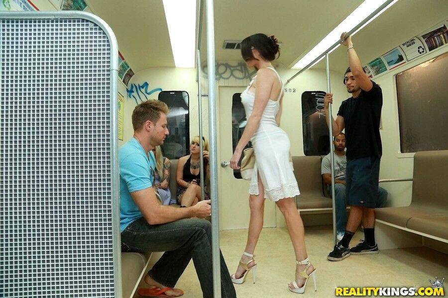 Fully clothed MILF slut in heels sucking cock & fucking hardcore on the subway - #4