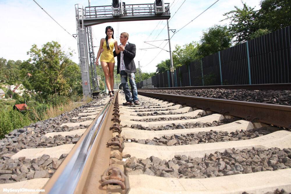 Horny slut gets fucked on the railway tracks & eats a load of dripping cum - #1