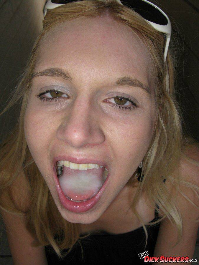 Blonde slut Becky Pureheart sports a mouthful of cum after a BJ inside a car - #1