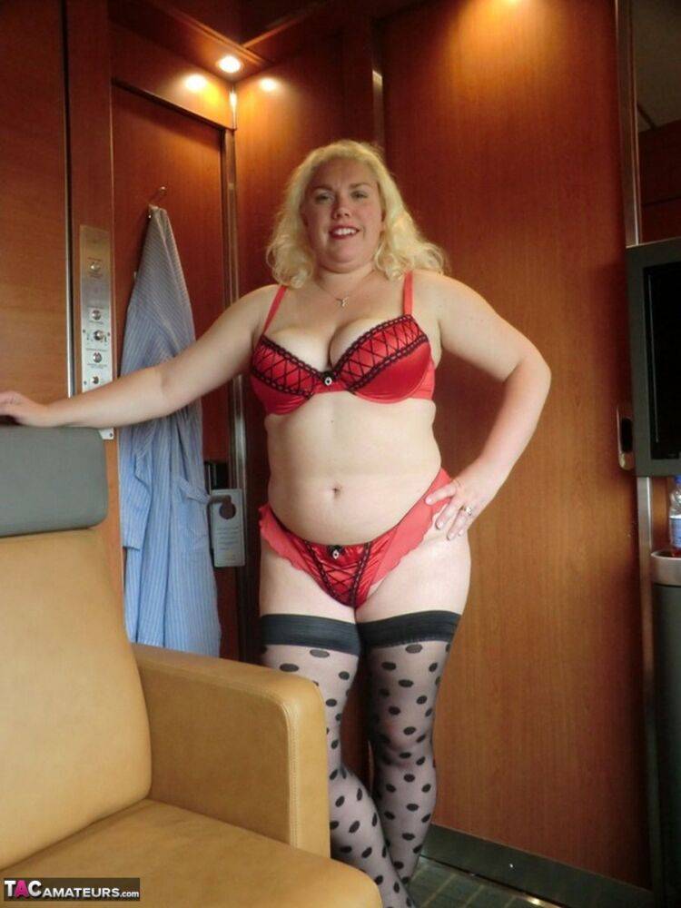 Blonde BBW Barby masturbates inside a moving train in polka-dot stockings - #13