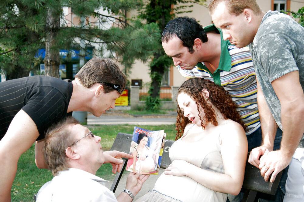 Curly-haired pregnant slut gets banged by four horny lads outdoor - #10