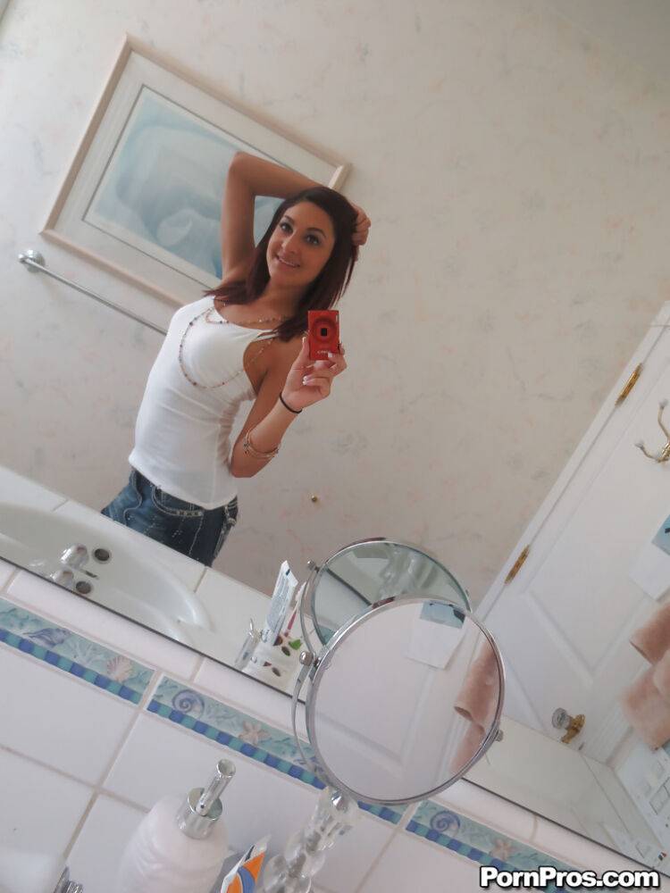 Nasty brunette slut Nikka taking couple of selfies in the bathroom - #5