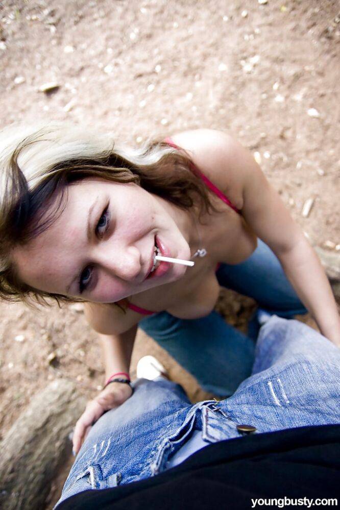 Teen slut Amy E drips cum from mouth after giving outdoor POV blowjob - #7