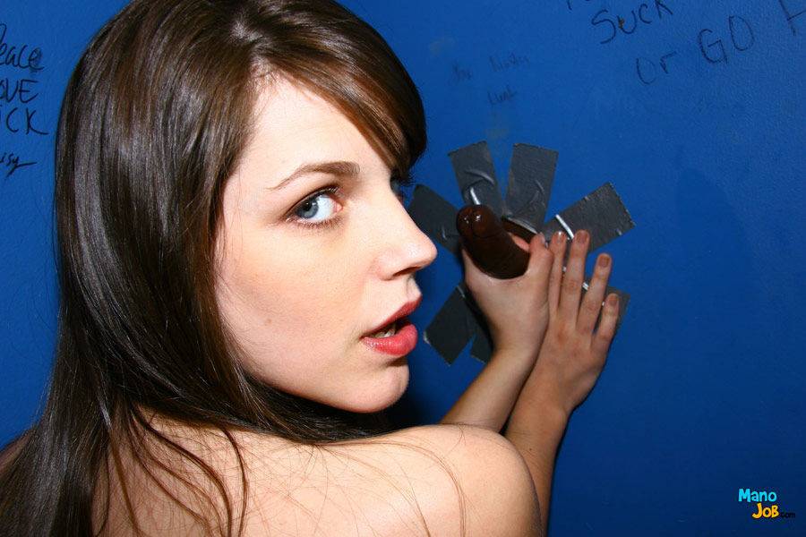 White slut Bobbi Star tugs on a black dick thru a washroom gloryhole - #9