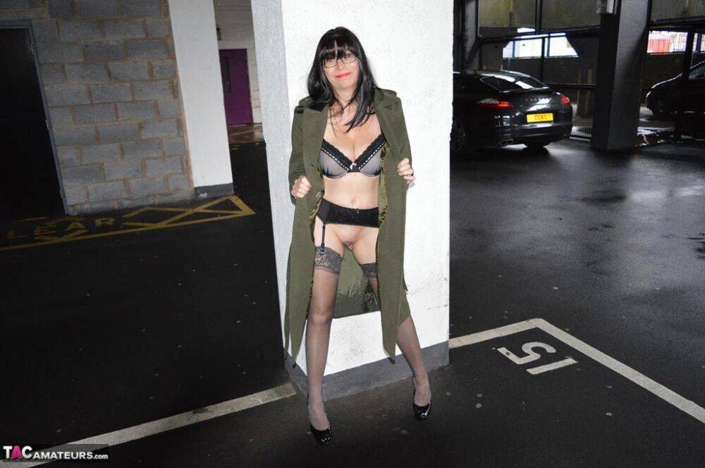 Older brunette Barby Slut flashes in a long coat while in public places - #5