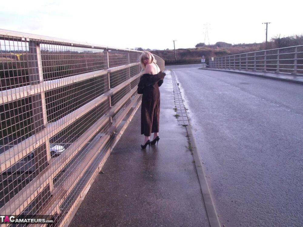 Older amateur Barby Slut flashes on a sidewalk upon an overpass - #1