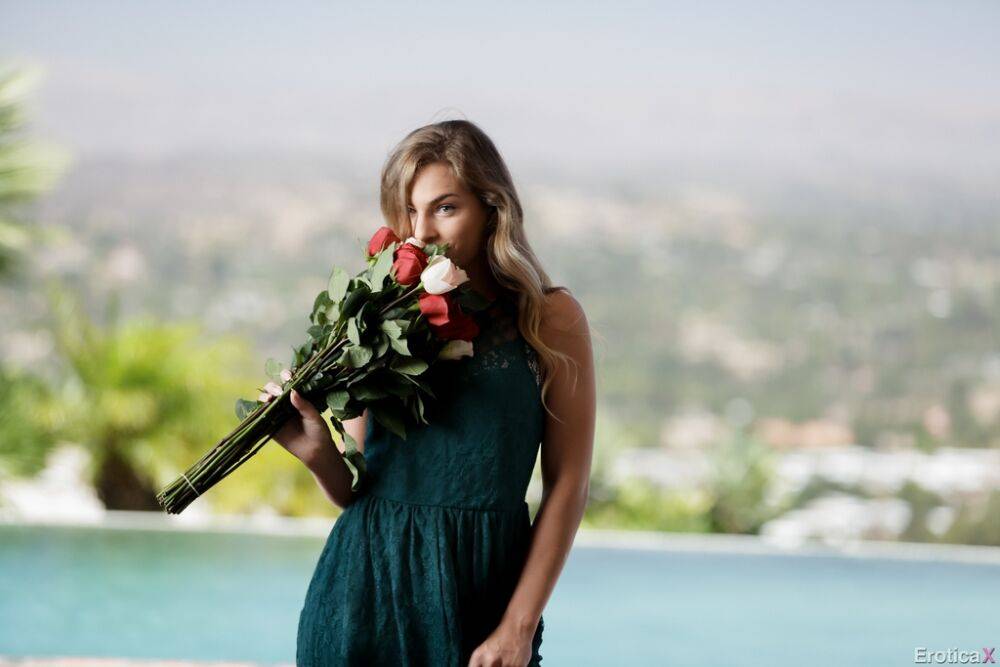 Teen bridesmaid Sydney Cole takes off her dress and pretties on driveway - #3