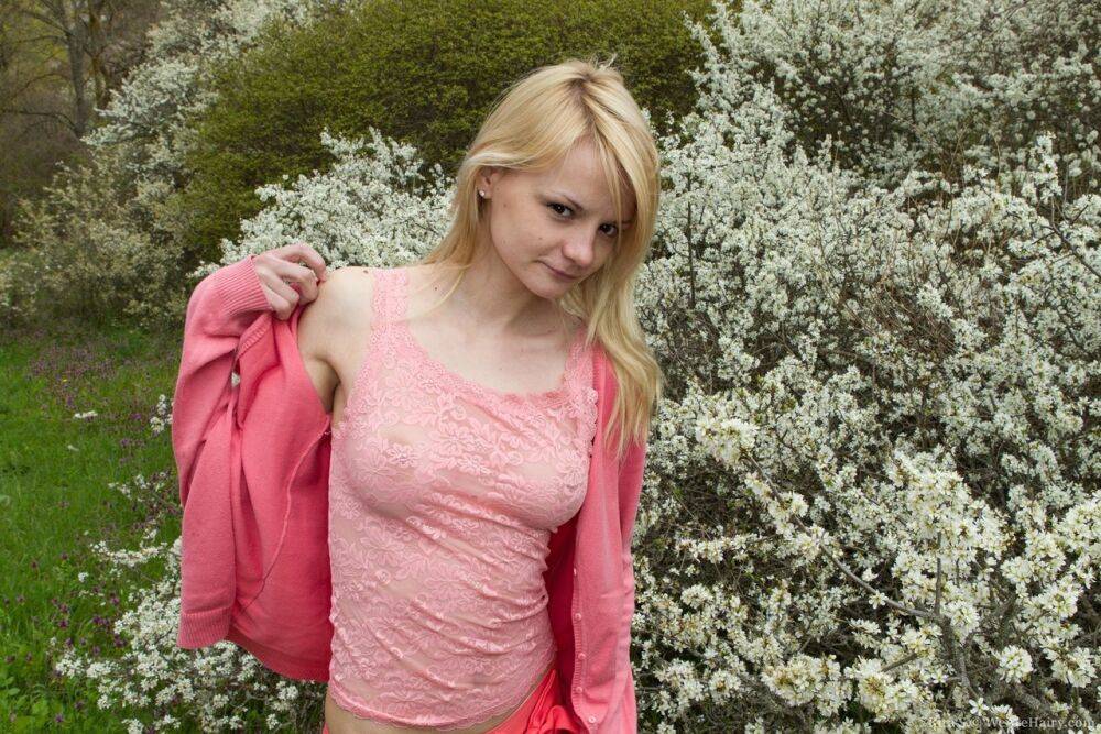 Skinny teen Kira S proudly parts her hairy pussy on a walk in countryside - #7
