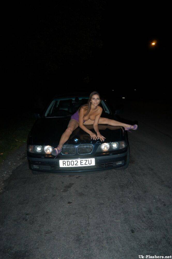 Long legged UK chick exposes her boobs on bonnet of car at night - #6