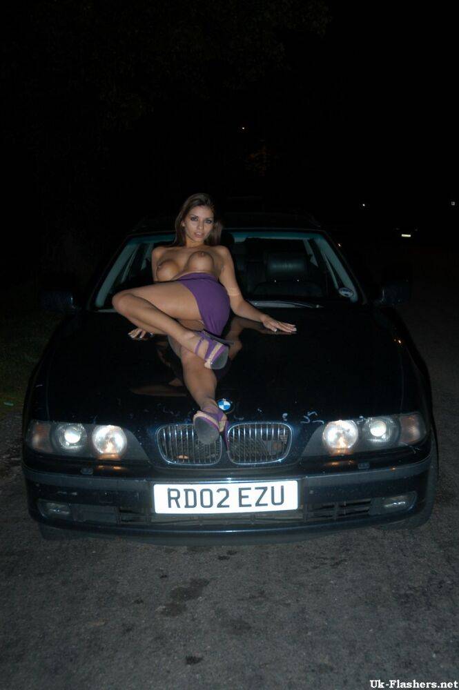 Long legged UK chick exposes her boobs on bonnet of car at night - #14