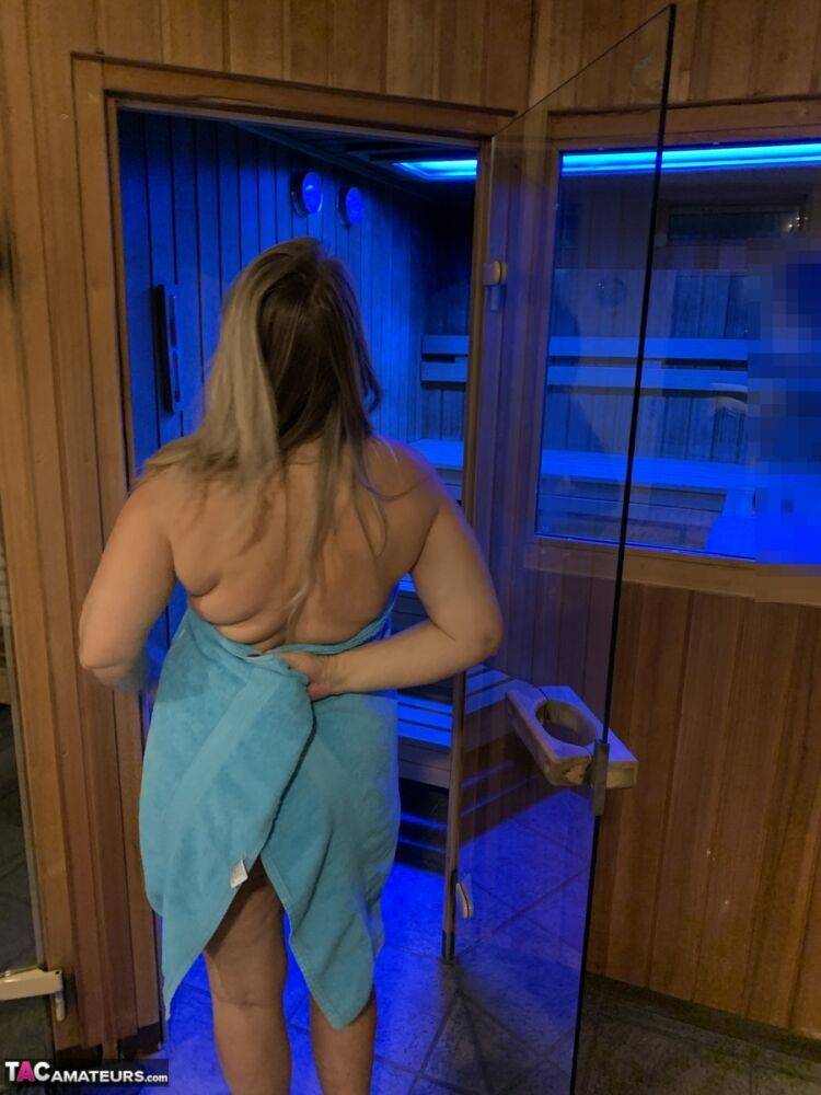 Middle-aged blonde Sweet Susi covers herself with a towel after sauna action - #2