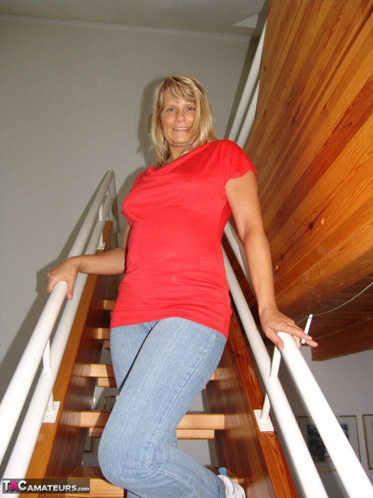 Aged blonde Sweet Susi strips totally naked after climbing a flight of stairs - #6