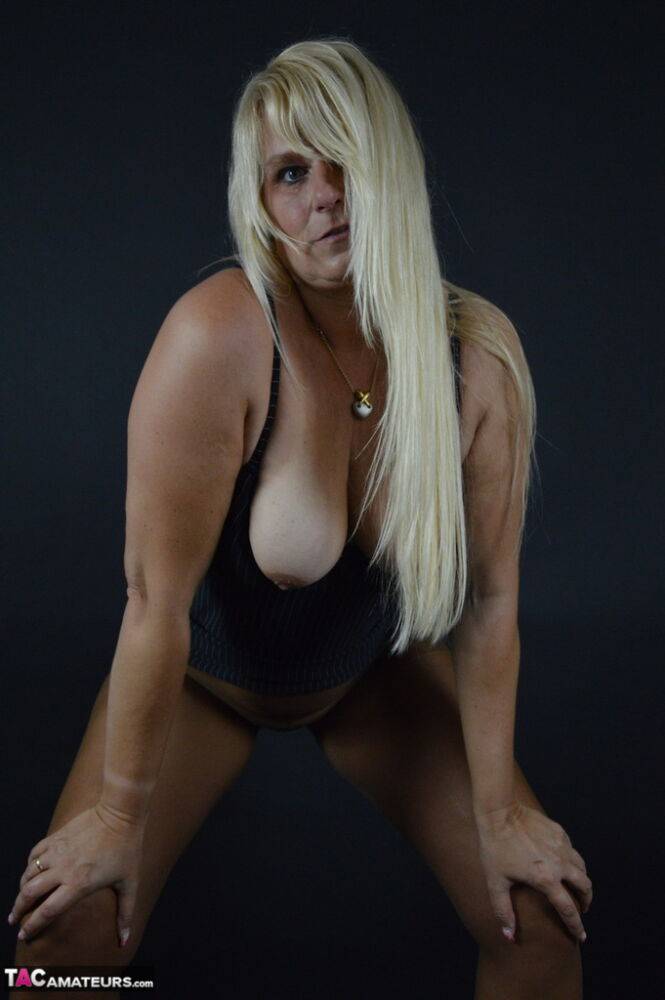 Over 30 blonde Sweet Susi rubs her pussy through tan pantyhose - #3