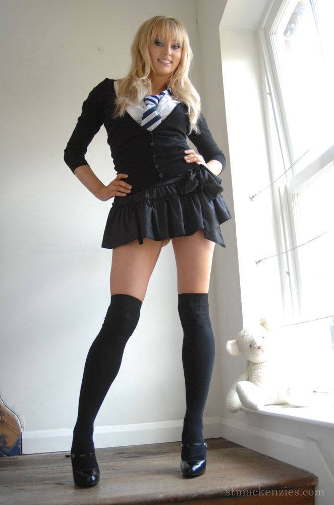 Adorable babe in black socks Elle Parker taking off her school uniform - #3